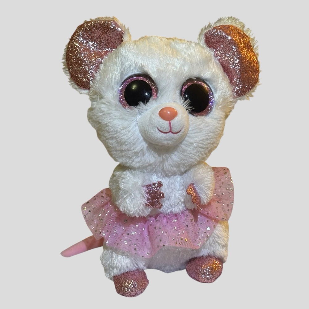 TY Beanie Boos Nina Plush White Mouse Pink Glitter Tutu Stuffed Animal Toy 9”